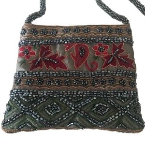 Mini Crossbody Beaded Embroidered Red Green Cooper Stitching